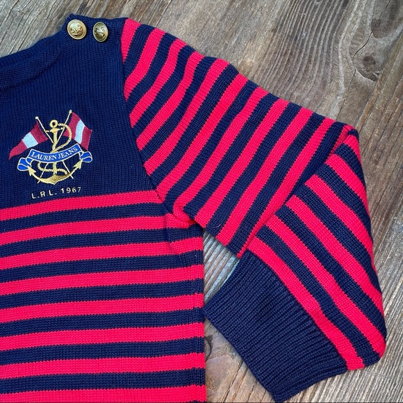 Ralph Lauren Sweater Striped Gold Buttons Nautical Crest Red Navy Blue Sz L - Picture 5 of 10